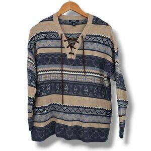 Chaps Womens Lace Up V Neck Sweater Blue Tan Geometric Fair Isle Cotton Blend L